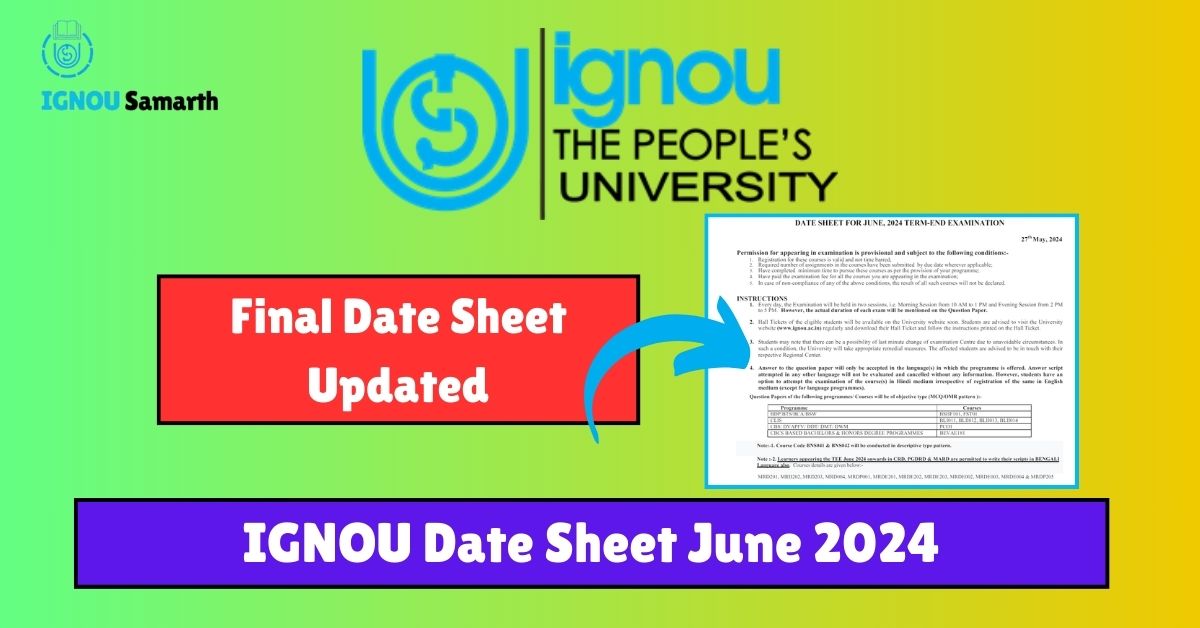 IGNOU Date Sheet June 2024 Updated, Check Exam dates www.ignou.ac.in